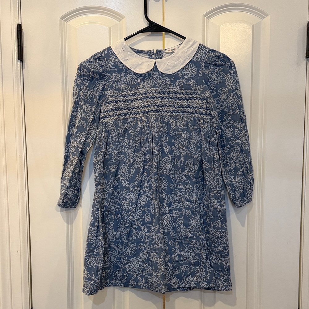 Blue Floral Smocked long sleeve Dress with White Collar